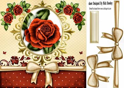 Pretty Red Rose with Gold Bow in Ornate Frame 8x8