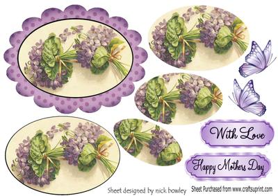 Lilac Flowers in Scalloped Frame with Butterflies Pyramids