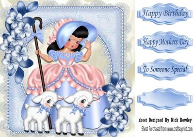 Little Bo Peep with Her Little Lambs and Blue Flowers 8x8