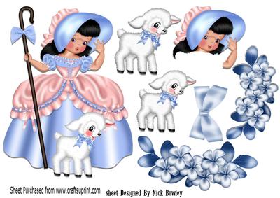 Little Bo Peep with Her Little Lambs and Blue Flowers A4