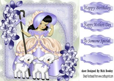 Little Bo Peep with Her Little Lambs and Lilac Flowers 8x8