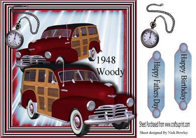 1948 Red Vintage Woody Car with Pocket Watch, 8x8