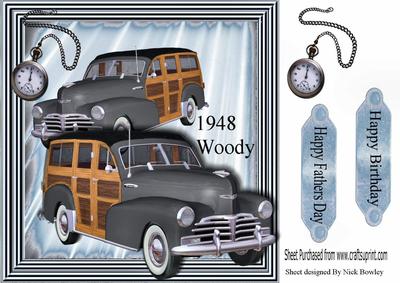 1948 Silver Vintage Woody Car with Pocket Watch, 8x8