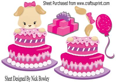Cute Puppy with Birthday Cake and Ballooon A4
