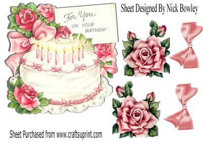 Pretty Birthday Cake with Pink Roses & Bow A4