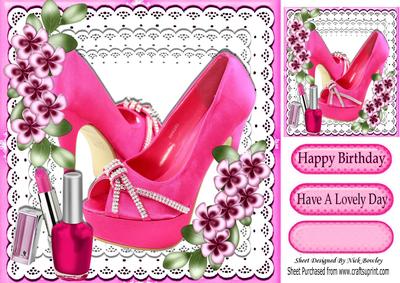 Pretty Cerise Shoes on Lace with Flowers & Lippy 8x8