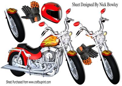 Customized, Motorbike with Flames , Helmet and Gloves A4