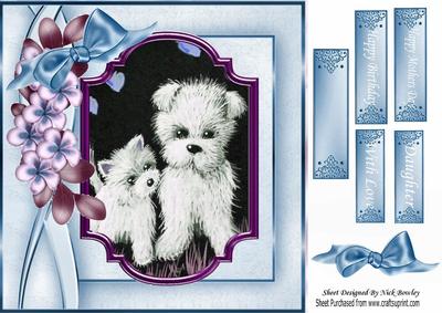 Blue Ornate Frame with Cute Westies and Flowers 8x8