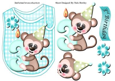 Little Monkey in Party Hat on a Bib 3rd Birthday