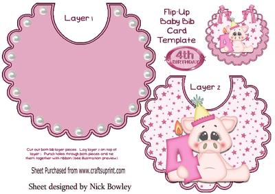 Cute Little Pink Pig in Party Hat on Bib 4th Birthday