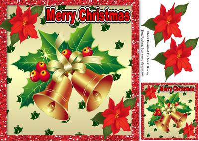 Christmas Bells with Holly Berries & Poinsettias 8x8