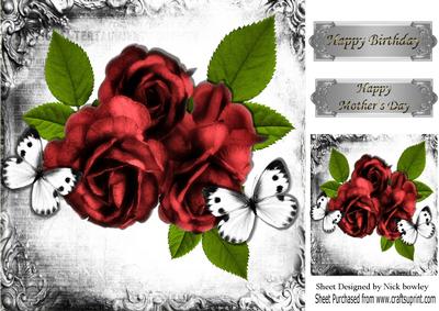 Pretty Red Roses and White Butterflies in Vintage Frame 8x8
