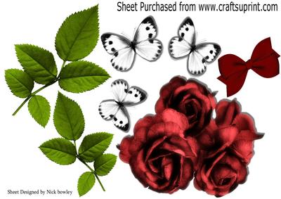 Pretty Red Roses and White Butterflies Green Leaves A4