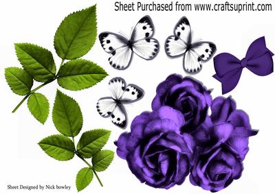 Prpretty Purple Roses and White Butterflies Green Leaves A4