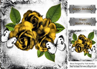 Pretty Gold Rose and White Butterflies in Vintage Frame 8x8
