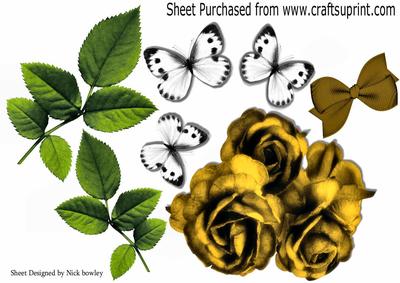 Pretty Gold Roses and White Butterflies Green Leaves A4