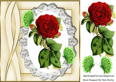 Red Roses with Green Butterflies in Ornate Frame 8x8