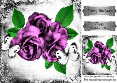 Pretty Pink Roses and White Butterflies in Vintage Frame 8x8