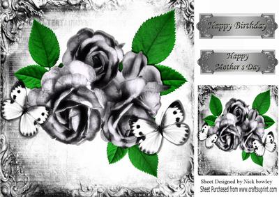 Pretty Silver Roses White Butterflies in Vintage Frame 8x8