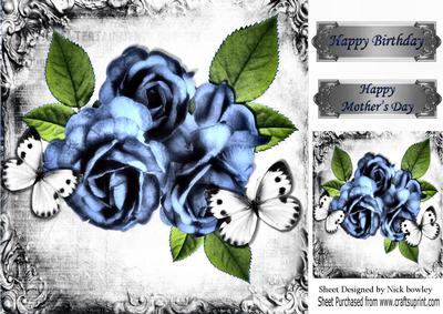 Pretty Blue Roses and White Butterflies in Vintage Frame 8x8