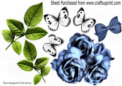 Pretty Blue Roses and White Butterflies Green Leaves A4