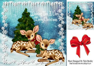 Pretty Deers Laying in the Snow with Christmas Tree 8x8