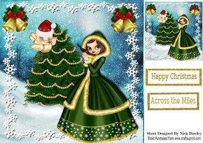 Pretty Girl in Green with Little Robin in Santa Hat 8x8