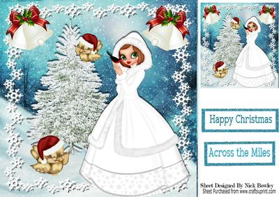 Pretty Lady in White with Robins in the Snow 8x8