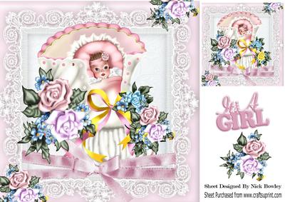 Sweet Baby Girl in Flowered Bootee Wih Bows 8x8