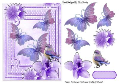 Pretty Lilac Butterflies, Flowers and Bird