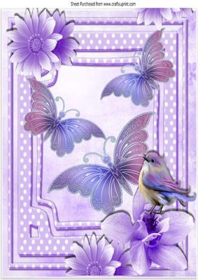 Pretty Lilac Butterflies, Flowers and Bird A4