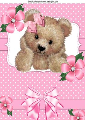 Cute Fuzzy Bear with Pink Bow and Flowers A4