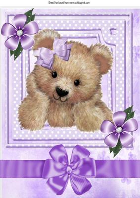 Cute Fuzzy Bear with Purple Bow and Flowers A4 A4