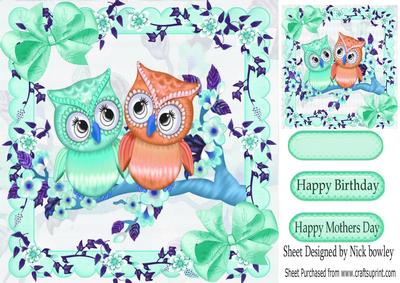 Cute Little Brown/green Owls on a Branch with Blossoms 8x8