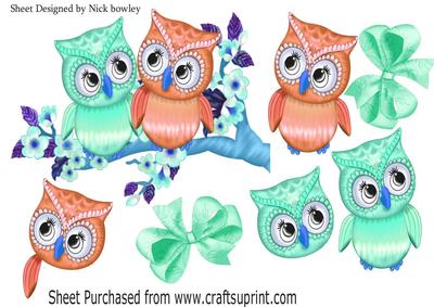 Cute Little Brown/green Owls on a Branch with Blossoms A4