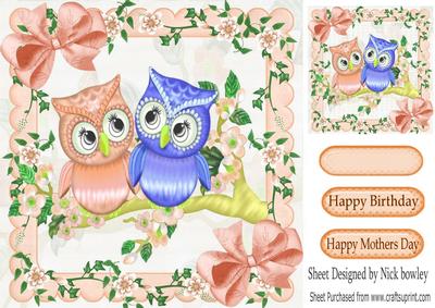 Cute Little Peach/blue Owls on a Branch with Blossoms 8x8