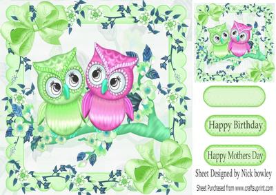 Cute Little Green & Pink Owls on a Branch with Blossoms 8x8