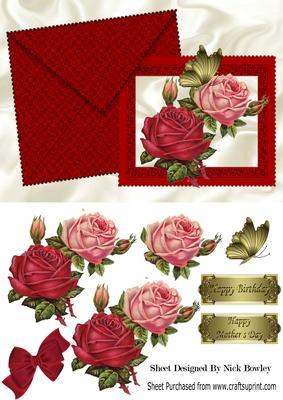 Pretty Red & Pink Roses on a Card and Envelope