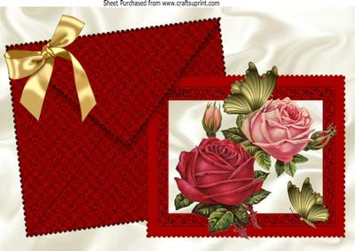 Pretty Red & Pink Roses on a Card and Envelope A4