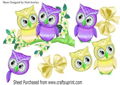 Pretty Lemon & Purple Owls on a Branch with Blossoms A4