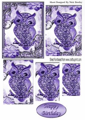Cute Purple Diamante Owl on a Branch with Flowers Pyramids