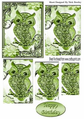 Cute Green Diamante Owl with Flowers Pyramids