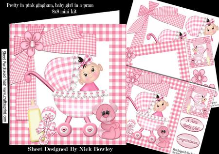 Pretty in Pink Gingham Baby Girl in Pram 8x8 Mini Kit