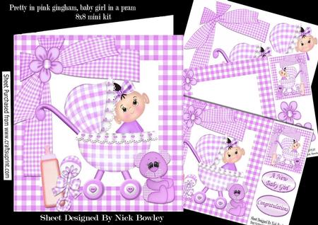 Pretty in Lilac Gingham Baby Girl in Pram 8x8 Mini Kit