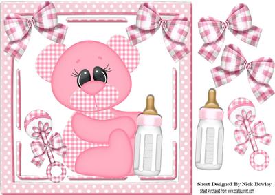 Cute Pink Gingham Teddy with Bottle and Rattle 8x8