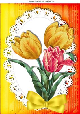 Pretty Hand Painted Red and Yellow Tulips with Bow A4
