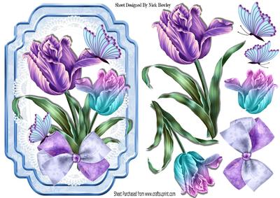 Pretty Lilac and Blue Painted Tulips on Lace Bracket