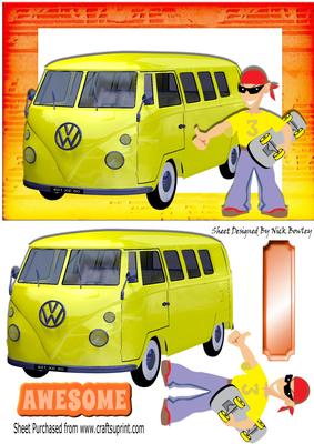 Skate Boarding Dude with Yellow Camper Van