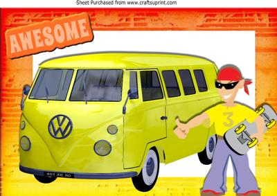 Skate Boarding Dude with Yellow Camper Van A4