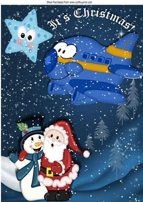 Toonie Plane in the Snow with Santa and Snowman A4